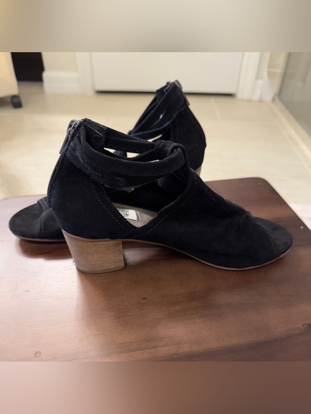 Very G Black Suede Open-Toe Ankle Strap Block Heel Boots